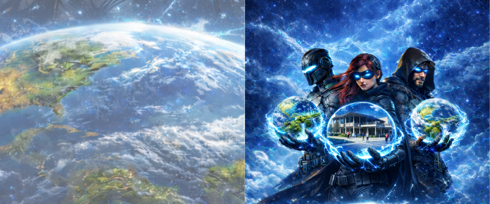 3 superheroes holding a piece of SCC next to an image of earth