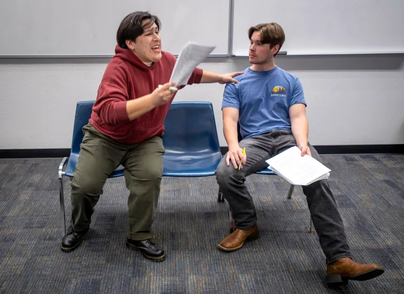 Jesus Arce, left, rehearses a scene from the play, “Earthquake Weather” with Nick Clute during the first day of rehearsals at Santiago Canyon College on Thursday March 5, 2026. (Photo by Michael Goulding, Contributing Photographer)