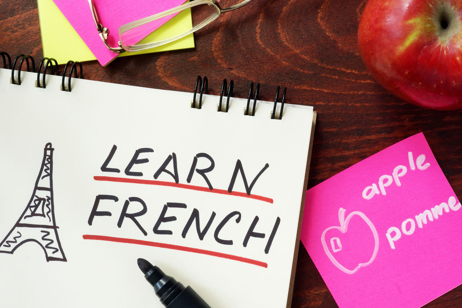 learn french on a notebook on a table full of study materials