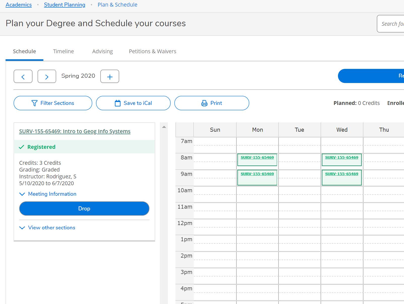 Barring any holds or pre-requisites, your section status should change to Registered (green banner).&nbsp; The section will ​change to a green color on your schedule. You are now registered in the authorized section.&nbsp;